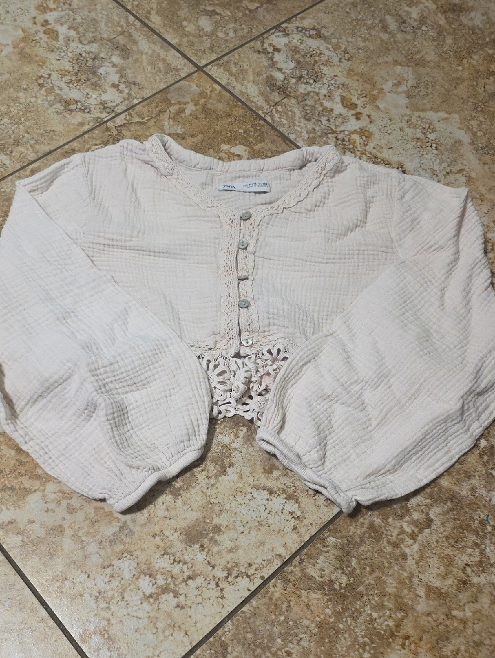 Zara Blush Button-Front Gauze Top with Crochet Trim Girls 11/12